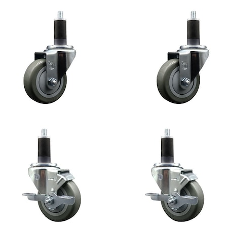 Service Caster 3.5'' Gray Poly Wheel Swivel 1-1/4'' Expanding Stem Caster Set 2 Brakes, 4PK SCC-EX20S3514-PPUB-2-TLB-2-114